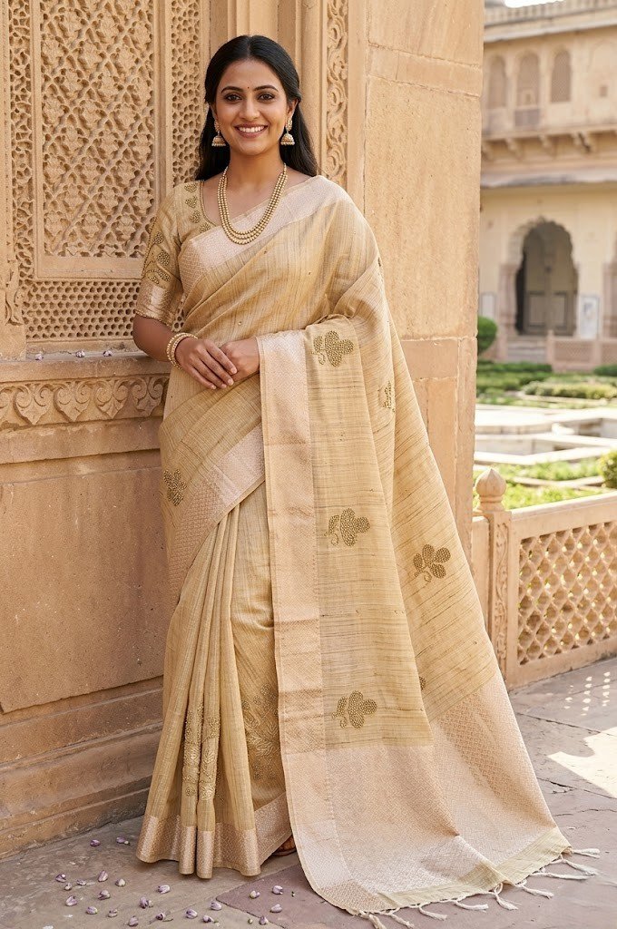 pastel-golden-linen-cotton-hand-embellished-saree