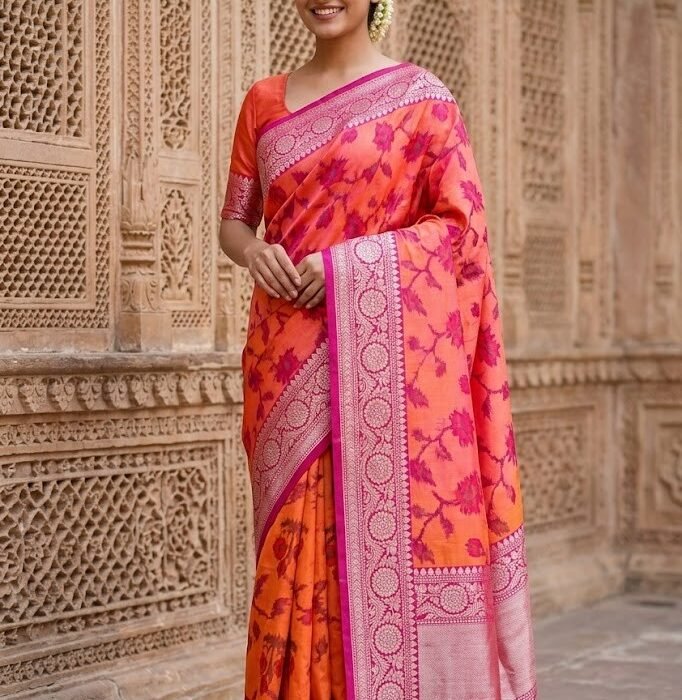 Orange Pink Banarasi Tie Dye Silk Saree