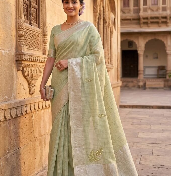 Pastel Green Linen Cotton Banarasi Sequin Saree