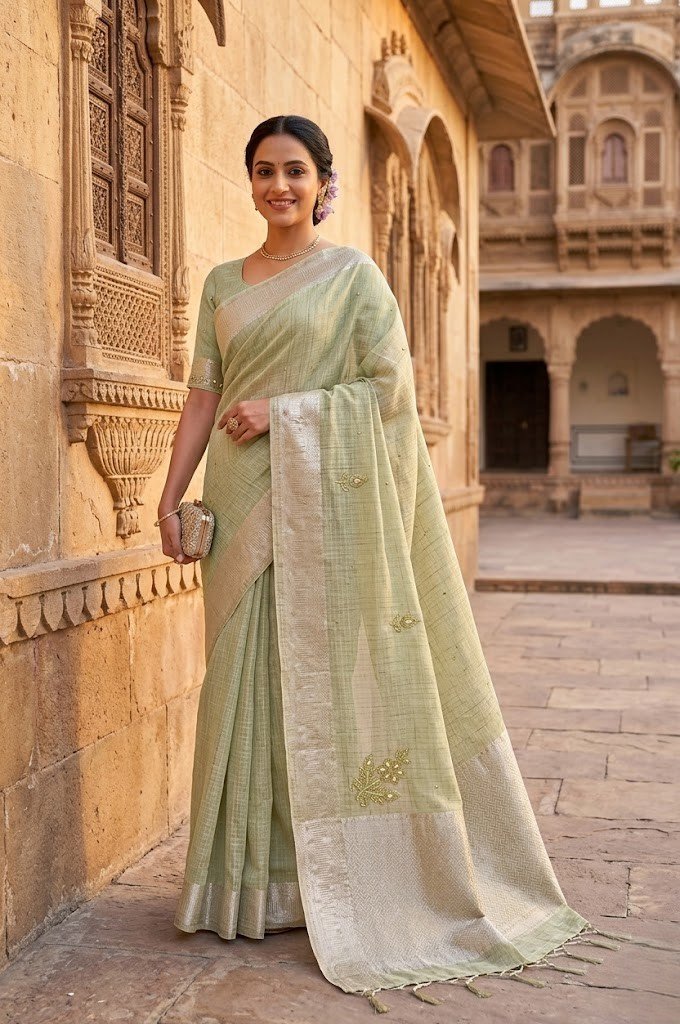 pastel-green-linen-cotton-banarasi-sequin-saree