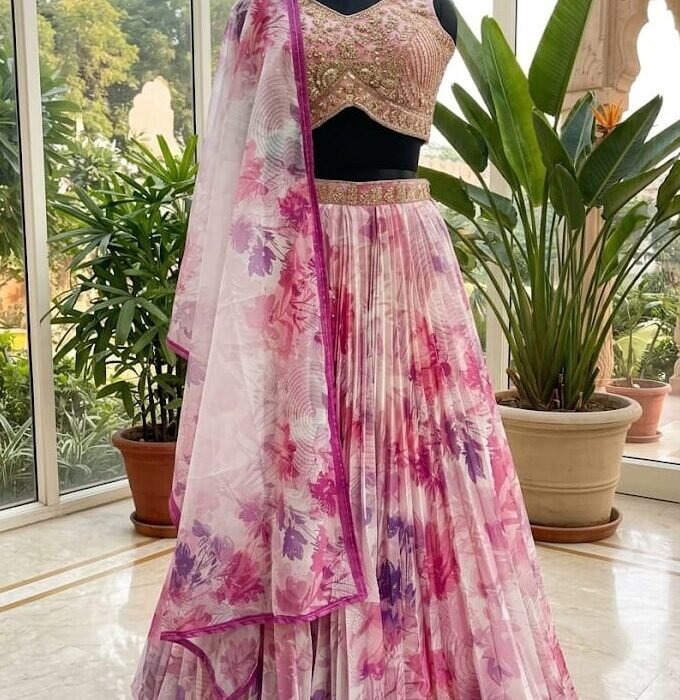 Blush Pink Printed Chiffon Lehenga with Sequins