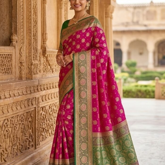 Rani Pink Green Banarasi Silk Zari Saree