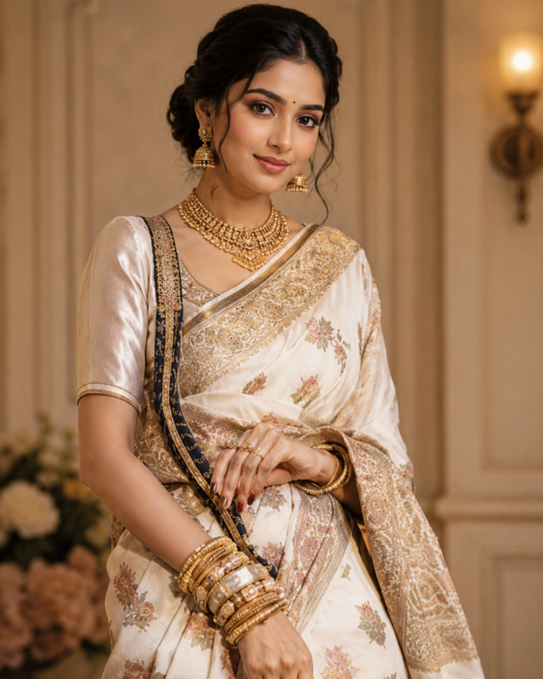 Elegant Ivory Pure Muga Silk Banarasi Saree
