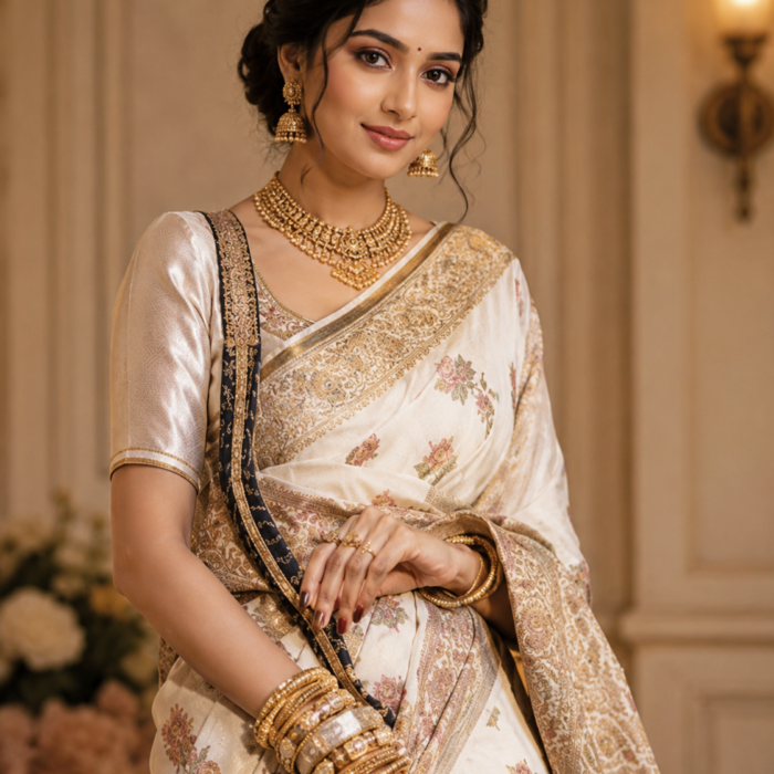Elegant Ivory Pure Muga Silk Banarasi Saree