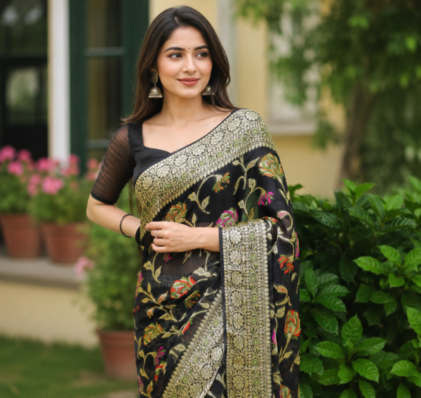 Midnight Black Pure Muga Silk Zari Saree