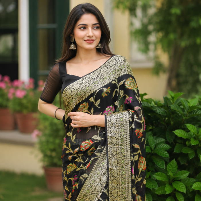 Midnight Black Pure Muga Silk Zari Saree