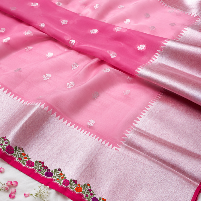 Blush Pink Pure Kora Banarasi Meenakari Saree