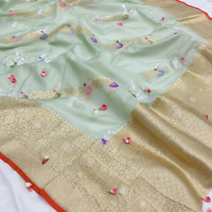 Soft Green Pure Kora Tanchoi Banarasi Saree