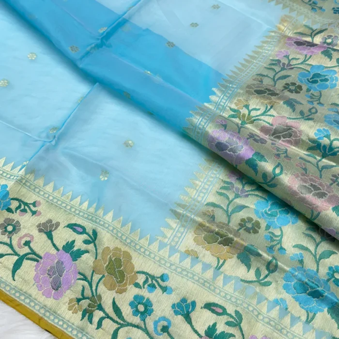 Powder Blue Pure Kora Floral Banarasi Saree