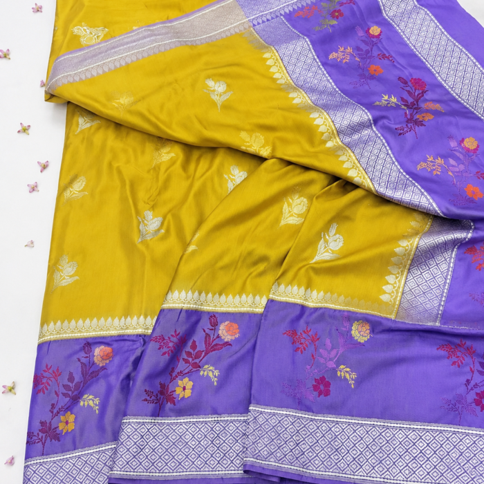 Mustard Lavender Pure Katan Banarasi Meenakari Saree