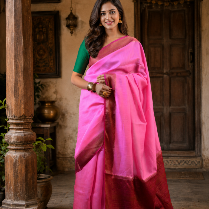 Candy Pink Muga Banarasi Silk Zari Saree