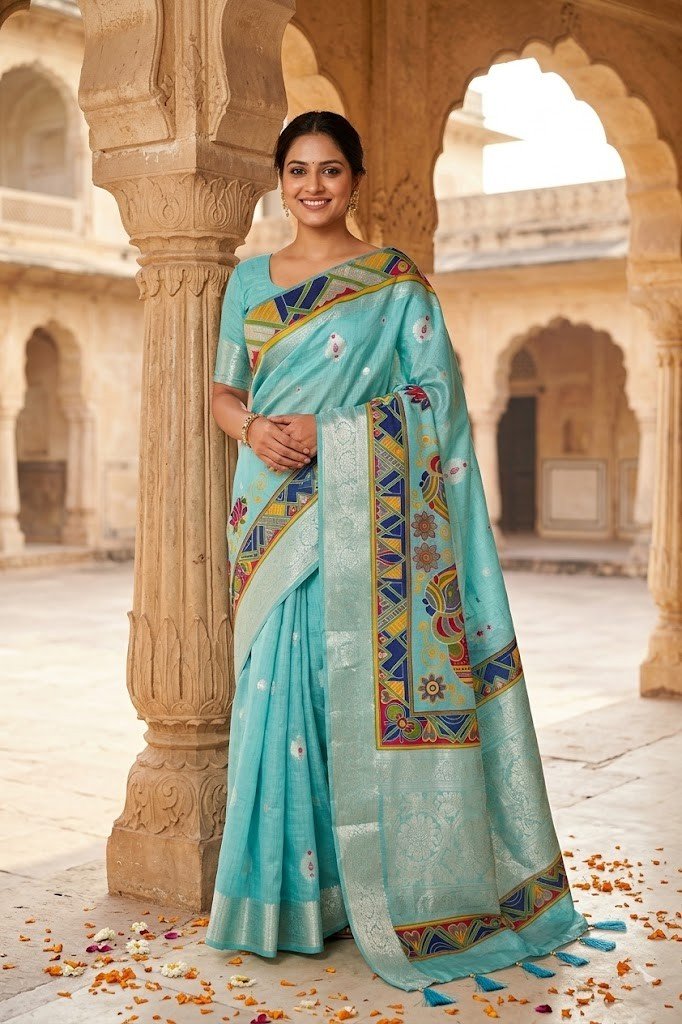 aqua-banarasi-zari-elephant-motif-designer-saree