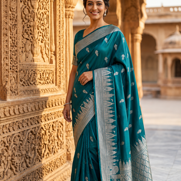 Teal Banarasi Ganga Ghat Semi Katan Saree