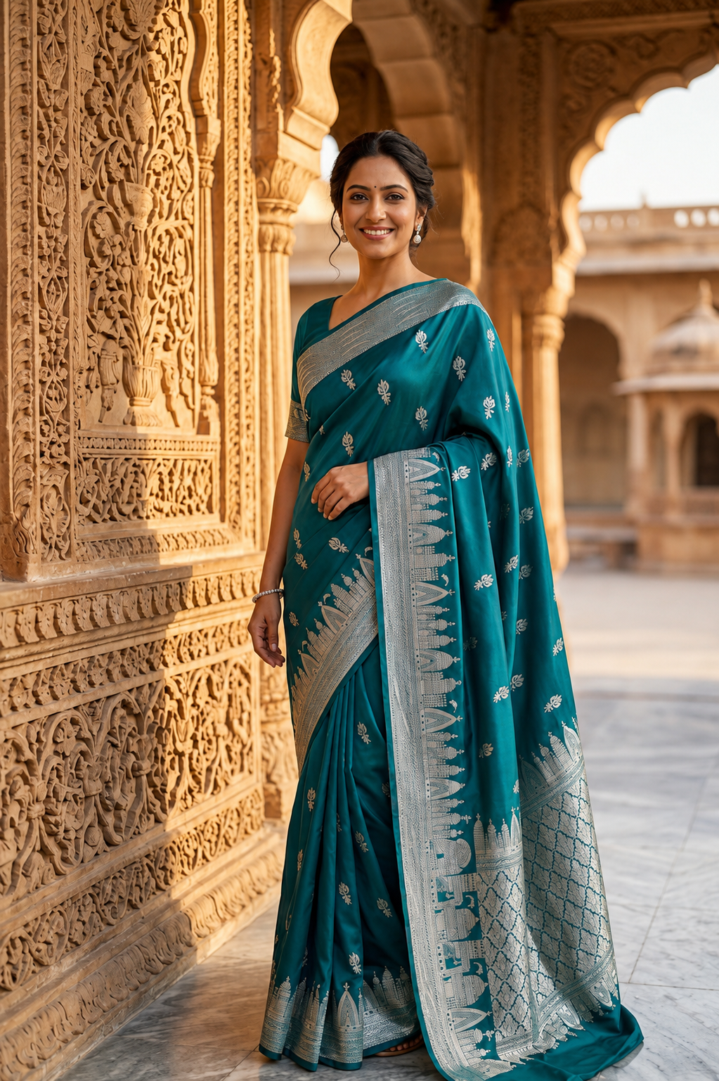 teal-banarasi-ganga-ghat-semi-katan-saree