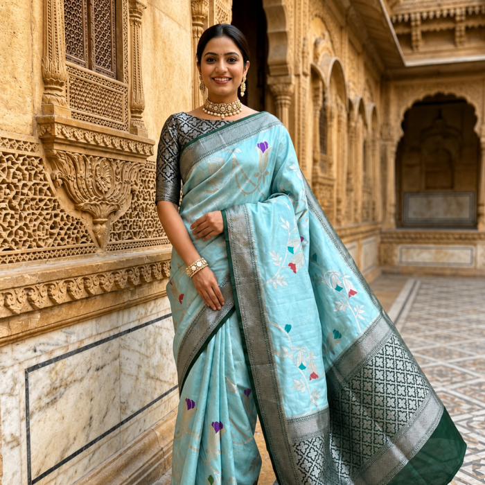 Aqua Banarasi Premium Raw Mango Silk Saree