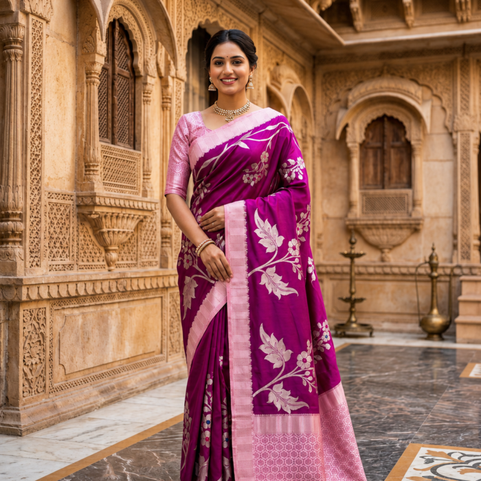 Magenta Banarasi Premium Raw Mango Silk Saree