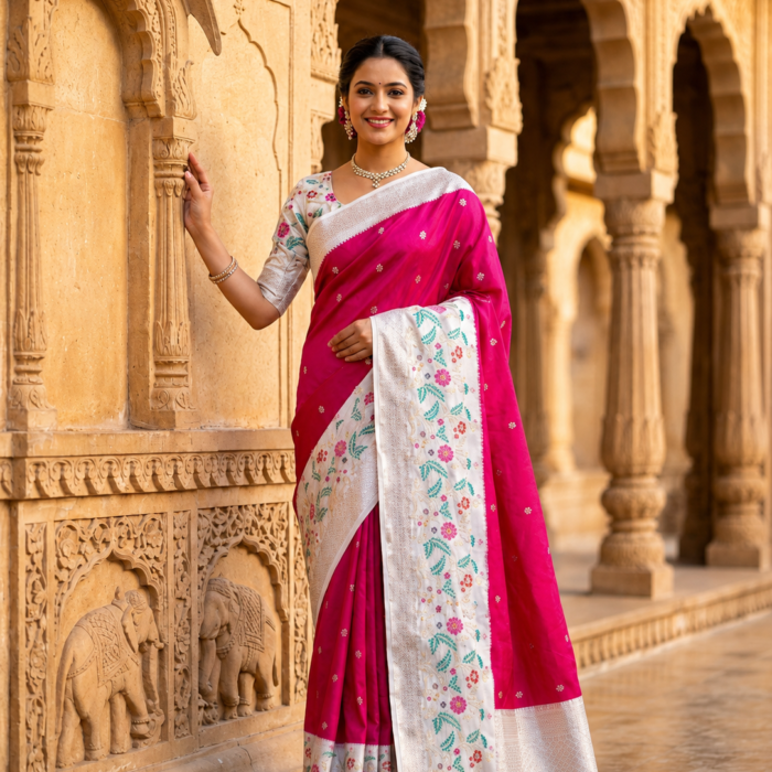Pink Banarasi Raw Mango Soft Silk Saree